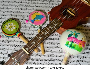 Tampa, FL, August 2020 - Carribean Souveniors Are Displayed Together With A Ukelele Reflecting Variety Of Island Music