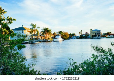 Tampa, FL / USA - 01 17 2016: Florida  House Landscape, Luxury Waterfront House	