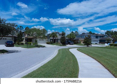 Tampa, FL/ USA - 06 17 2020: A Typical Florida House And White Cloud