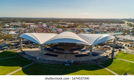 "Tampa, FL / USA - 2-8-2020: Drone View of the Mid Florida Credit Union Amphitheatre at the Florida State Fairgrounds."