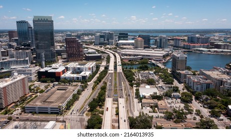 Tampa, FL USA - 5-11-2022: Aerial Shot Over The Selmon Expressway In Downtown Tampa.