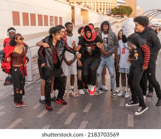 Tampa, FL - USA - April 3, 2022: Group Of Teens Having Fun, Freestyle Hip Hop Dancing At The Tampa, Florida Riverwalk