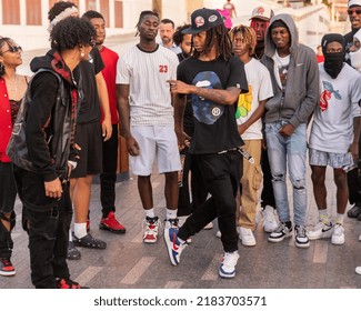 Tampa, FL - USA - April 3, 2022: Group Of Teens Having Fun, Freestyle Hip Hop Dancing At The Tampa, Florida Riverwalk