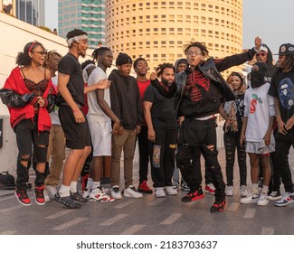 Tampa, FL - USA - April 3, 2022: Group Of Teens Having Fun, Freestyle Hip Hop Dancing At The Tampa, Florida Riverwalk