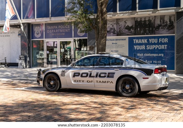 Tampa, FL, USA -\
January 8,  2022: A Police car in front of Tampa Police Department\
Museum in Tampa, FL, USA.\
