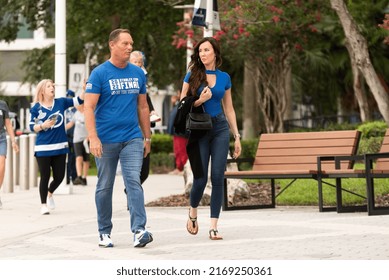 Tampa, FL - USA - June 18, 2022: Tampa Bay Lighting Fans Walking Outside Amalie Arena Before Game 2 Against The Colorado Avalance