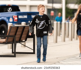 Tampa, FL - USA - June 18, 2022: Young Tampa Bay Lighting Fan Outside Amalie Arena Before Game 2 Against The Colorado Avalanche