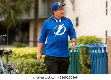 Tampa, FL - USA - June 18, 2022: Tampa Bay Lighting Fan Wearing A Cape Outside Amalie Arena Before Game 2 Against The Colorado Avalanche