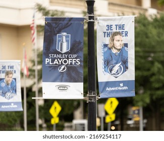 Tampa, FL - USA - June 18, 2022: 2022 Stanley Cup Playoffs Banner Hanging In Downtown Tampa. Defenseman Mikhail Aleksandrovich On The Banner To The Right.