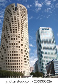 Tampa, FL, USA - October 28, 2015: A Diverse Array Of High-rise Buildings Make Up A Significant Part Of Tampa, Florida's Popular Riverwalk Skyline.      