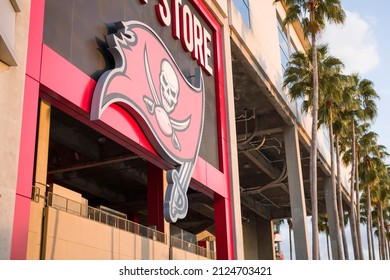 Tampa, Florida - February 1, 2022: Tampa Bay Buccaneers Logo At Raymond James NFL Football Stadium 