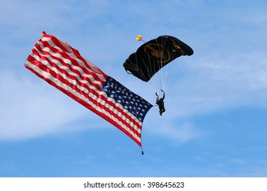 TAMPA, FLORIDA - MARCH 20, 2016: A Member Of The U.S. Special Operations Command (US SOCOM) Parachute Team 