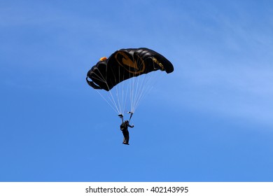 TAMPA, FLORIDA - MARCH 20, 2016: A Member Of The U.S. Special Operations Command (US SOCOM) Parachute Team 