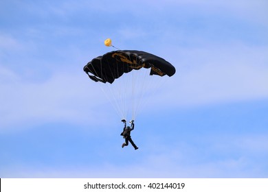 TAMPA, FLORIDA - MARCH 20, 2016: A Member Of The U.S. Special Operations Command (US SOCOM) Parachute Team 