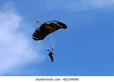 TAMPA, FLORIDA - MARCH 20, 2016: A Member Of The U.S. Special Operations Command (US SOCOM) Parachute Team 