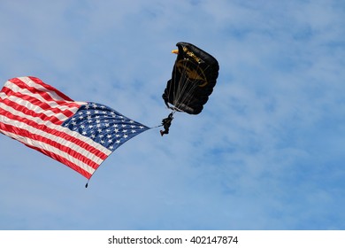 TAMPA, FLORIDA - MARCH 20, 2016: A Member Of The U.S. Special Operations Command (US SOCOM) Parachute Team 