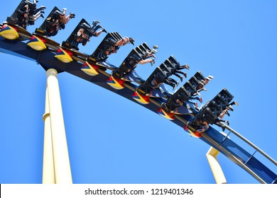 Tampa, Florida. October 18, 2018. Funny People Face Down In Amusement Montu Rollercoaster. At Bush Gardens Tampa Bay Theme Park.