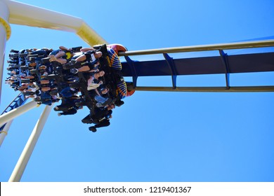 Tampa, Florida. October 25, 2018 Montu Rollercoaster Just Go Ride It! At Bush Gardens Tampa Bay Theme Park