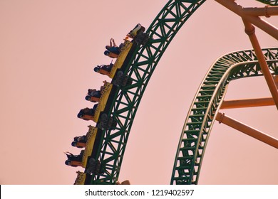 Tampa, Florida. October 25, 2018  People Having Fun Theme Cheetah Hunt Roller Coaster At Bush Gardens Tampa Bay Theme Park.