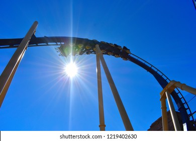 Tampa, Florida. October 25, 2018  Amusement Montu Roller Coaster  At Autumn Evening Time At Bush Gardens Tampa Bay.