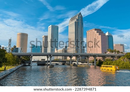 Tampa, Florida. Panorama of Downtown Tampa FL. Hillsborough river. Beautiful day cityscape. Glass and reinforced concrete Residential and commercial skyline buildings. United States of America