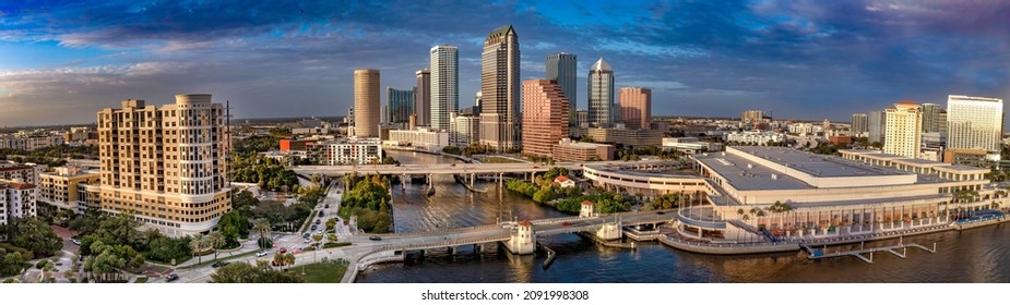 Tampa Florida Skyline Aerial Panorama At Sunset