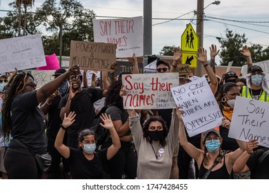 Tampa, Florida / USA - 5/31/20: Protesters Peacefully Kneeling While Chanting 