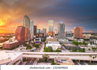 Tampa, Florida, USA Aerial Downtown Skyline At Dusk.