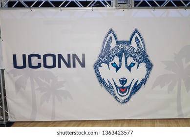 Tampa, Florida / USA - April 6, 2019: UCONN Huskies Banner In The Tampa Convention Center During The 2019 NCAA Women's Final Four Tampa Bay