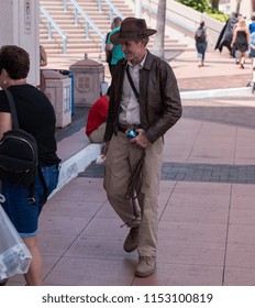 Tampa, Florida / USA - August 4, 2018: Adult Man Dressed As Indiana Jones Outside The Tampa Convention Center During Comic Con