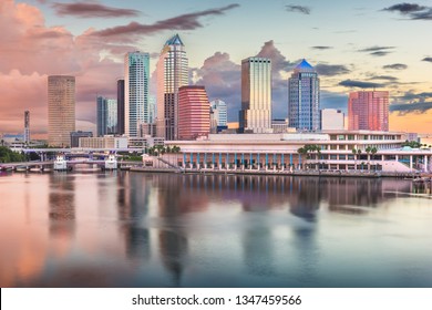 Tampa, Florida, USA Downtown Skyline On The Bay At Dawn. 