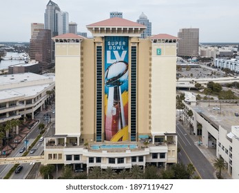 Tampa, Florida  USA - January 17, 2021: View Of The Embassy Suites By Hilton With The Super Bowl LV Vince Lombardi Trophy With Downton Tampa In The Background