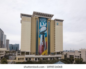 Tampa, Florida - USA - January 17, 2021: View Of The Embassy Suites By Hilton With The Super Bowl LV Vince Lombardi Trophy In Tampa Florida