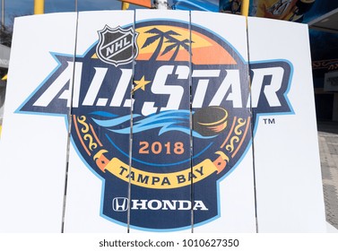 Tampa, Florida / USA - January 26, 2018: NHL 2018 All Star Sign On A Rocking Chair Outside Amalie Arena In Tampa, FL