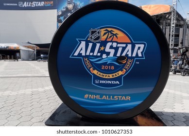 Tampa, Florida / USA - January 26, 2018: 2018 NHL All Star Sign On A Hocky Puck Outside Of Amalie Arena In Tampa, FL