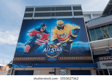 Tampa, Florida / USA - January 26, 2018: Edmonton Oilers Center Connor McDavid And Nashville Predators Center P.K. Subban On The NHL All Star Poster Outside Amalie Arena In Tampa, FL