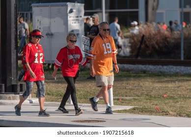 Tampa, Florida  USA - January 31, 2021: Tampa Bay Buccaneers Fas Walking To The Super Bowl LV Fan Experience.