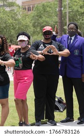 Tampa, Florida / USA - June 14, 2020: Sorority And Fraternity Members Showing Their Hand Signs At National Pan Hellenic Council (NPHC) Black Lives Matter Peaceful Protest In Tampa, Florida.