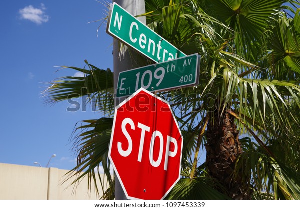 Tampa, Florida / USA - May 5\
2018: North Central Ave and East 109th Avenue Street Sign at\
Intersection