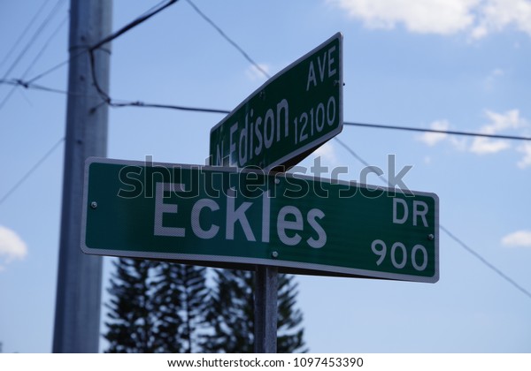 Tampa, Florida / USA -\
May 5 2018: East Eckles Drive and North Edison Avenue Road Sign at\
Intersection