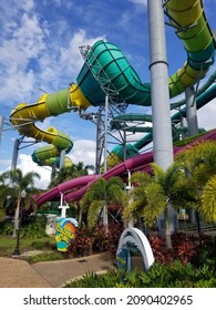 Tampa, Florida, U.S.A - November 4, 2021 - The Colorful Water Rides At Adventure Island Water Park