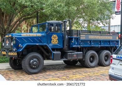 TAMPA, FLORIDA, USA - SEP 14, 2021: Tampa Police High Water Rescue Hurricane Response Vehicle