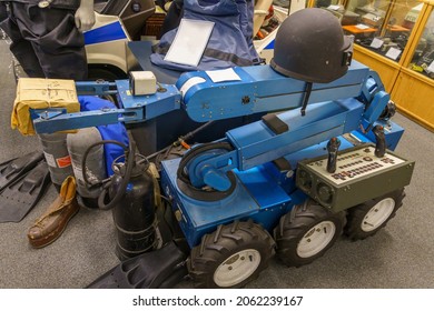 TAMPA, FLORIDA, USA - SEP 14, 2021: Remote controlled EOD Bomb Disposal robot built by Chamberlain Corporation