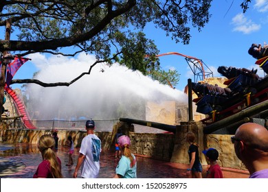 Tampa, Florida, U.S.A - September 21, 2019 - Water Splash From Sheikra Roller Coaster Ride At Busch Garden