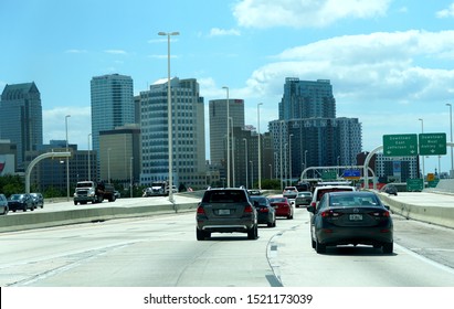 Tampa, Florida, U.S.A - September 23, 2019 - The View Of The Traffic Towards The Downtown Area During The Day