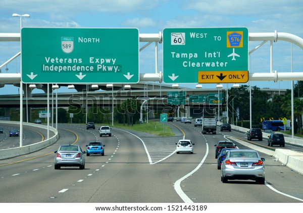 Tampa, Florida, U.S.A - September 23, 2019 - The view of\
traffic towards the airport, Veterans Expressway and Independence\
Parkway 