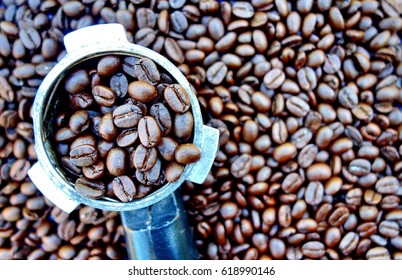 tamper and coffee beans for background.