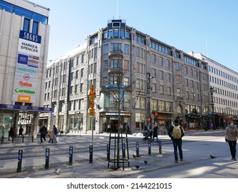 Tampere, Finland - April 2 2022: Documentary Of Everyday Life And Place. Street View At City Center In Winter. 