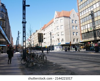 Tampere, Finland - April 2 2022: Documentary Of Everyday Life And Place. Street View At City Center In Winter. 