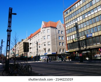 Tampere, Finland - April 2 2022: Documentary Of Everyday Life And Place. Street View At City Center In Winter. 